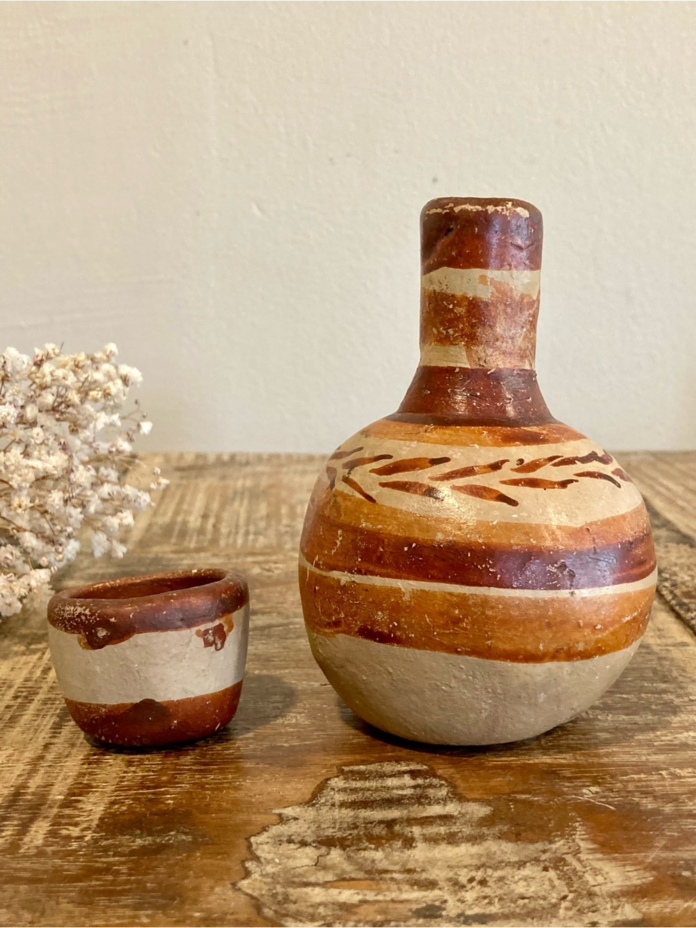 Vintage Rustic Terracotta Decorative Bottle and Cup Set in Earthy Brown & Cream - Picture 6 of 16